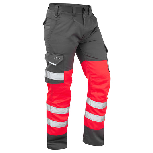 Leo EcoViz Poly/Cotton Cargo Trouser - Red/Grey